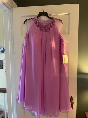 Lavender Pearl-Trim Midi Dress with Sheer Shoulders